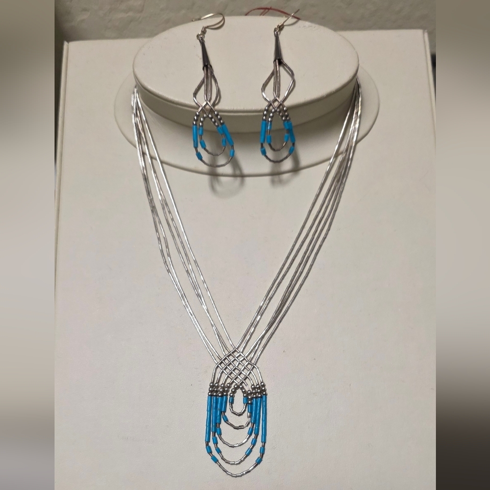 925 Sterling Liquid Silver Blue Turquoise Necklace & Earrings vintage Southwest